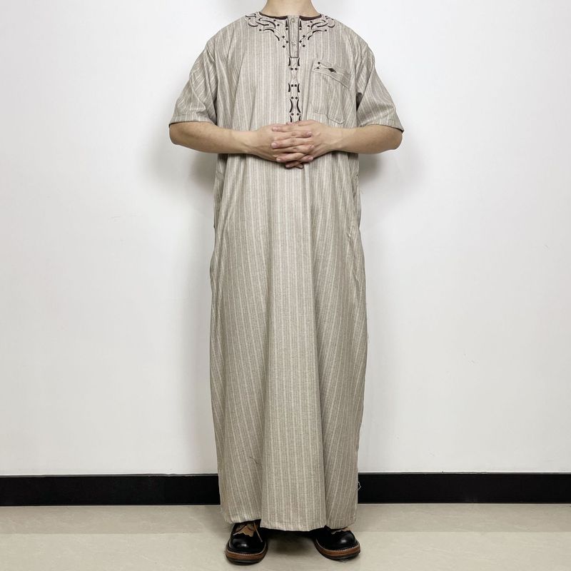 Men's Clothing men's short sleeved embroidered round neck Moroccan robe with multiple pockets and square design robe_voghion.com