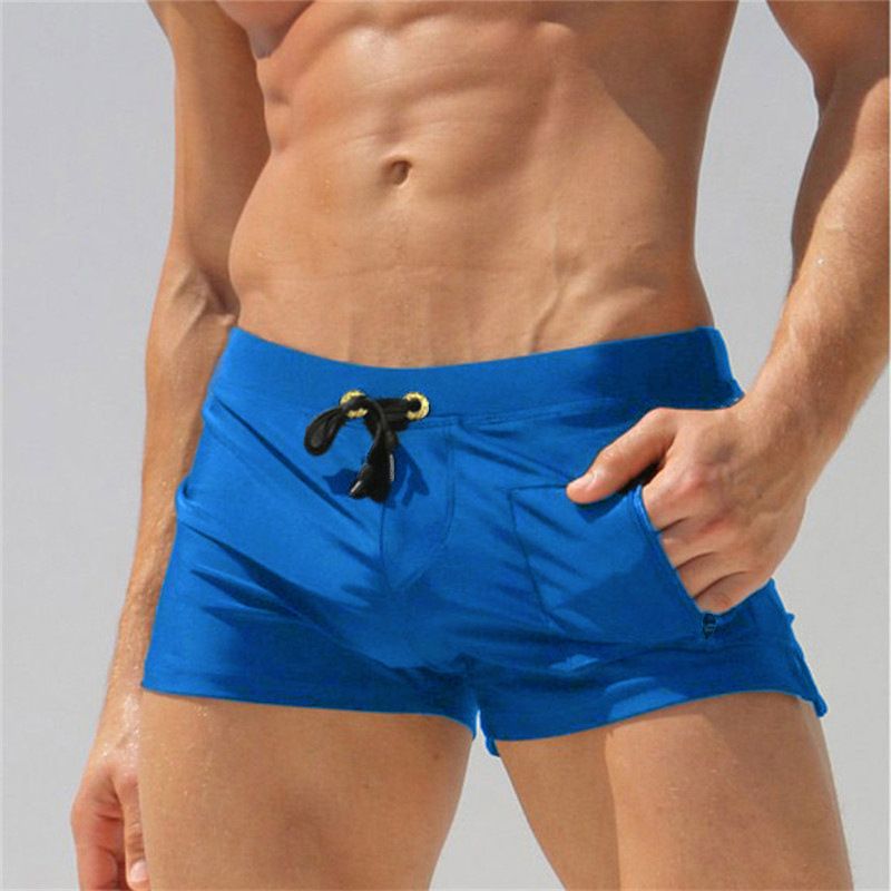 Tasche laterali sexy da bagno ad angolo piatto da uomo, pantaloni da spiaggia ad asciugatura rapida, costume da bagno da uomo_voghion.com