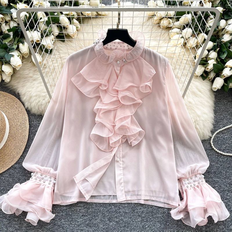 Women's Clothing Light Luxury Palace Style Stand Collar Shirt For Women Autumn Ruffled Diamond Inlaid Loose Design Celebrity Lady Temperament_voghion.com