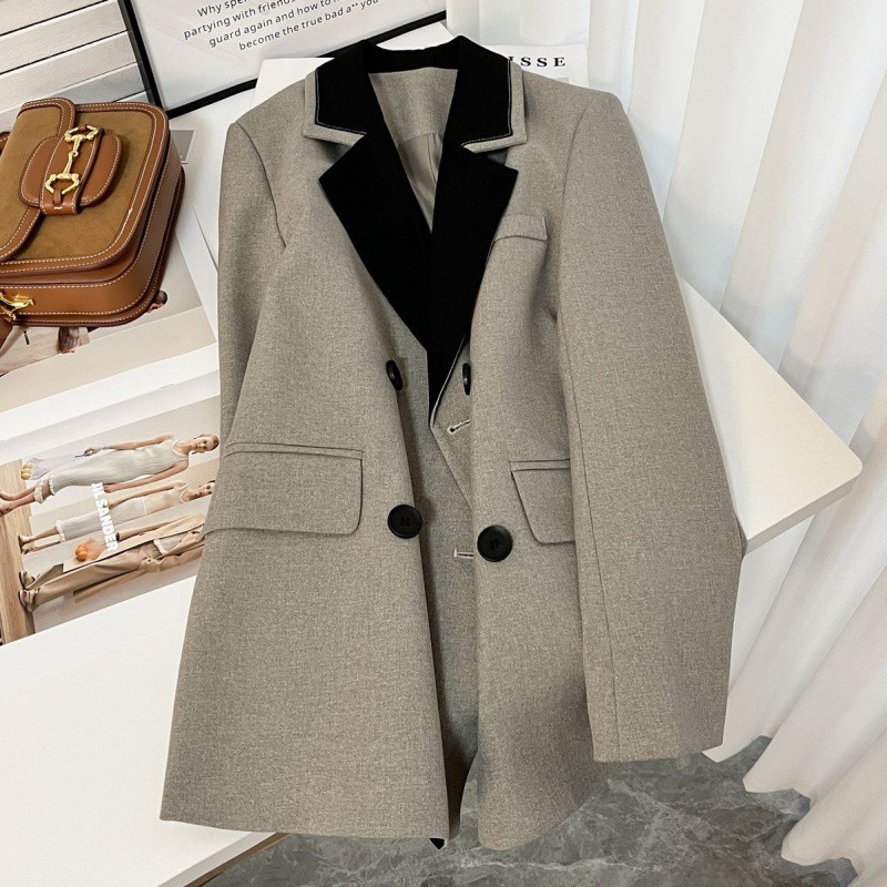 Dammekleeder Drizzle Gray Retro Design Kostümjacket Damentemperament Fréijoer an Hierscht Neie Stil Splicing Design Nischekostüm_voghion.com