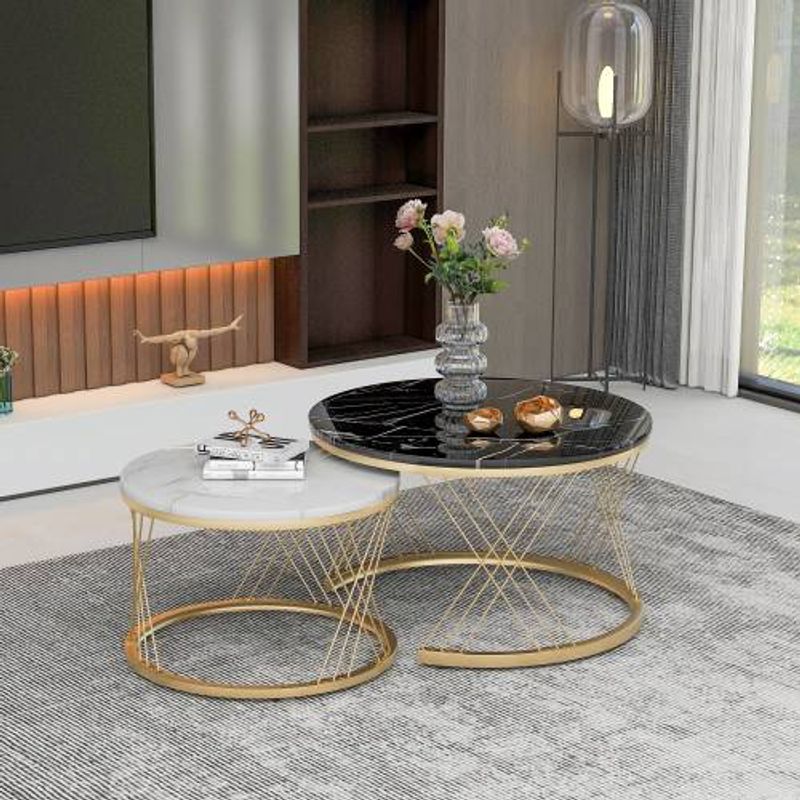 Mesa de centro nido moderna, juego de mesa de centro con revestimiento de mármol, mesas auxiliares nido para sofá, mesas auxiliares redondas_voghion.com
