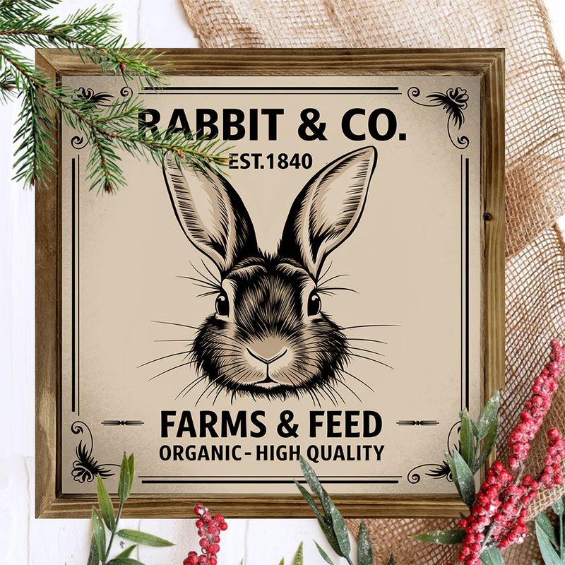 [Rustiek Boerderij Houten Bord] 8x8 Inch Rabbit & Co. Farms & Feed Houten Bord - Charmante Rustieke Boerderij Paasdecoratie voor Thuis, Kantoor of Café_voghion.com