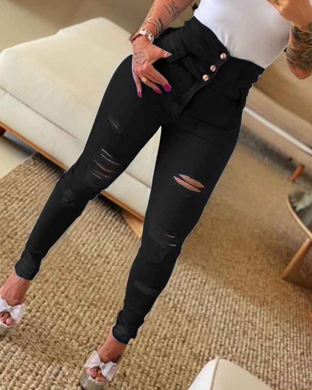 Modische, hoch taillierte, zerrissene Skinny-Denim-Hose für Damen_voghion.com