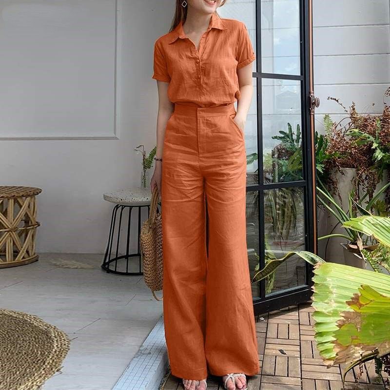 [Algodão e Linho] Roupas femininas da moda, ternos novos, lapela feminina, algodão e linho, cor sólida, manga curta, calças largas_voghion.com