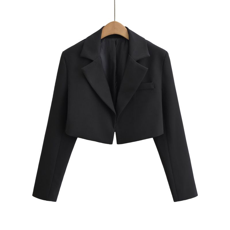 Women's Clothing High Grade Solid Color Buttonless Short Suit Jacket Autumn Temperament High Waist Shoulder Pad Long Sleeve Small Suit Top_voghion.com