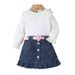 Mutter & Kinder Kinderkleidung Mädchen Einfarbiger Pullover Langarmoberteil Denim Offene Tasche Faltenrock Multi Schnalle Gürtelanzug_voghion.com
