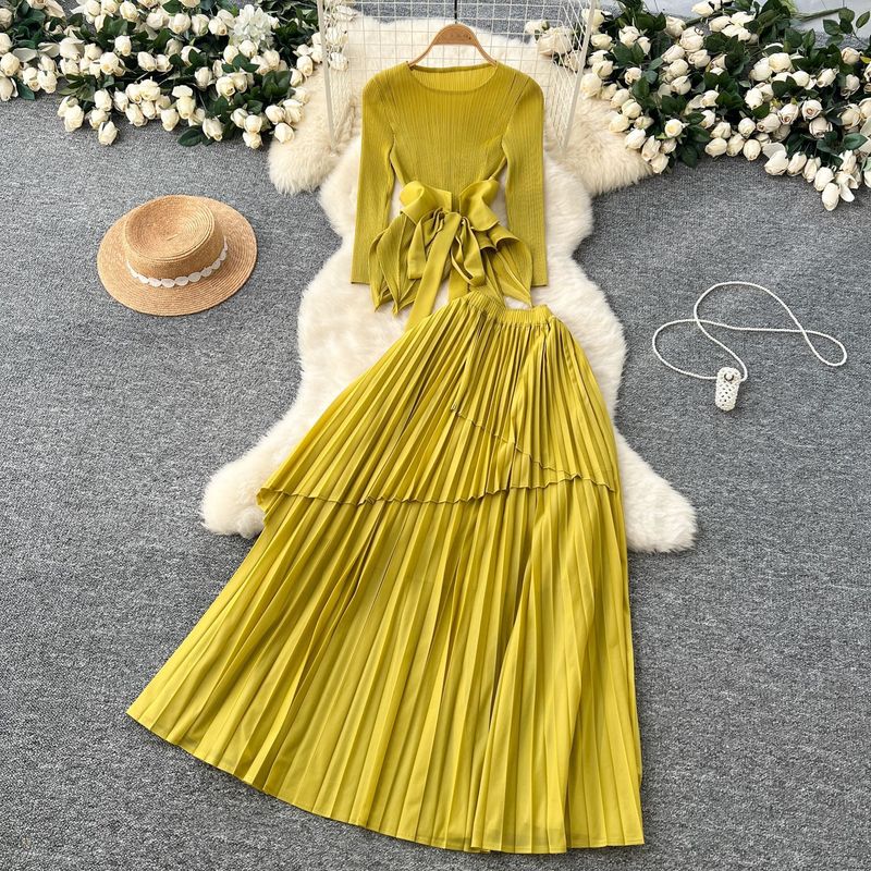 Women’s Clothing Pleated Tie Waist Irregular Hem Pleated Top Pleated Skirt Suit For Women_voghion.com
