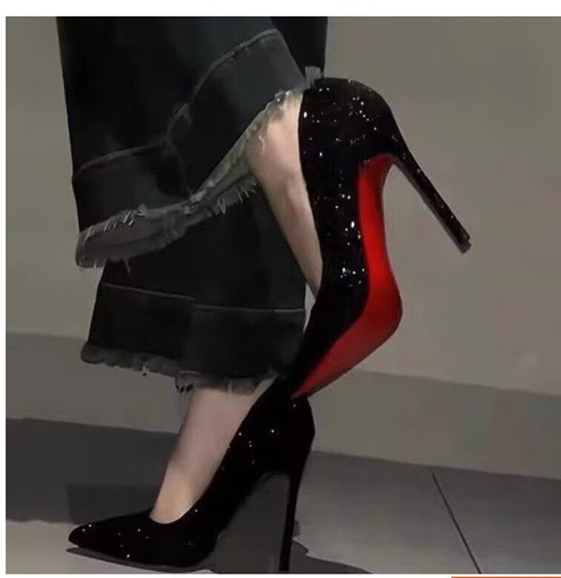 Red sole high heels for women spring and autumn new pointed toe sequins black stiletto high heels nightclub party high heels single shoes_voghion.com