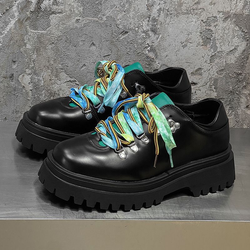 Colorful Lace Casual Men's Derby Shoes, Low Cut Workwear Shoes, Thick Soled Height Increasing British Style Men's Shoes_voghion.com