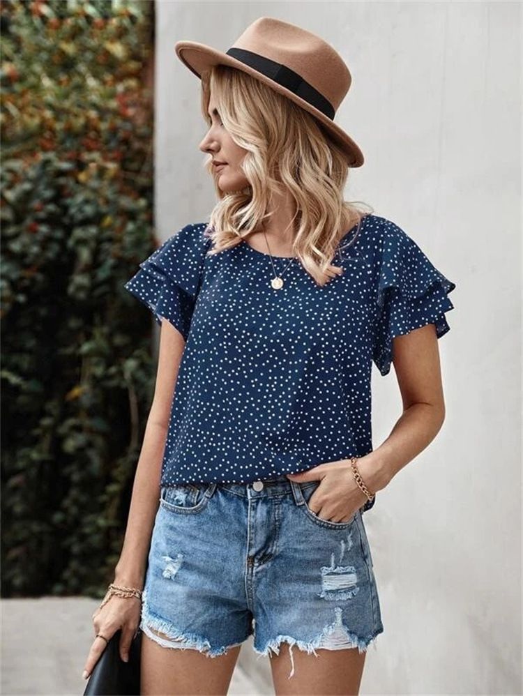 Printed Dotted Red Lotus Leaf Versatile Top for Women_voghion.com