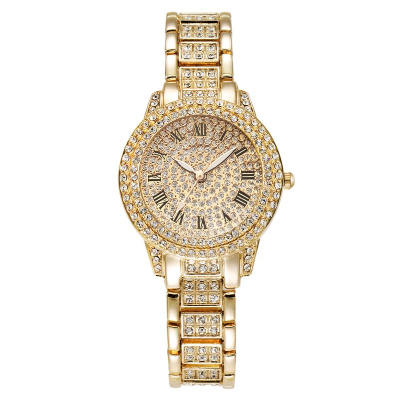 Full Diamond Roman Numeral Steel Band Dial Starry Sky Elegant Business Quartz Watch Hip-Hop Style Bracelet Set_voghion.com