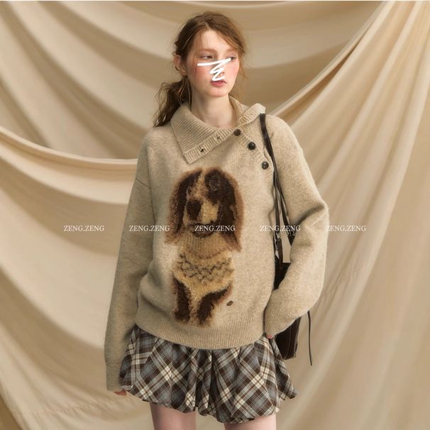 Mädchen 251029-157 „Guten Morgen, kleine Wurst“ Design Seitlicher Knopf Nerz-Hunde-Retro-Pullover_voghion.com