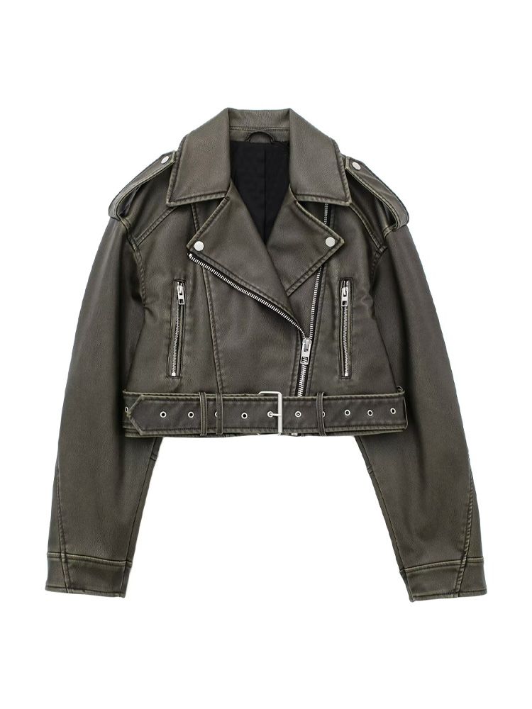 TRAF Moda da donna con cintura Giacca corta in ecopelle Cappotto Vintage a maniche lunghe con cerniera frontale Capispalla femminile Chic_voghion.com