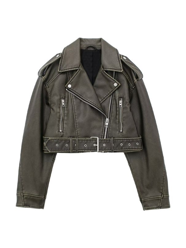 TRAF Moda da donna con cintura Giacca corta in ecopelle Cappotto Vintage a maniche lunghe con cerniera frontale Capispalla femminile Chic_voghion.com
