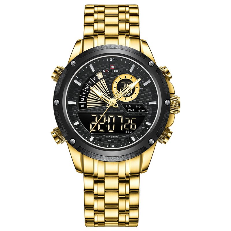  Nuovo orologio da esterno multifunzionale impermeabile con cinturino in acciaio luminoso, tendenza della moda, quadrante grande, orologio da uomo in oro nero_voghion.com