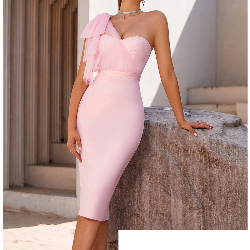 Robe bustier tubulaire asymétrique épaule dénudée en maille avec nœud, tenue de soirée, à la mode et élégante, pour station commerciale de vêtements pour femmes_voghion.com