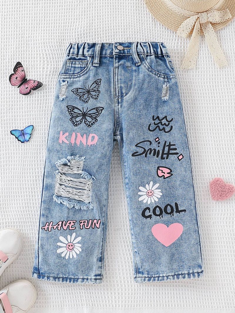 Girls Light Blue Butterfly, Flower, Letter Print, Ripped, Fashionable, Casual, Simple And Versatile Washed Denim Trousers_voghion.com