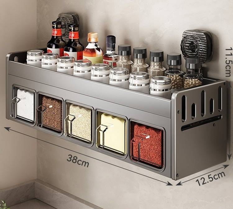 Space-Saving Wall-Mounted Spice Rack With Strong Suction Cups, Multi-Layer Kitchen Organizer For Salt, Oil, Soy Sauce Bottles_voghion.com