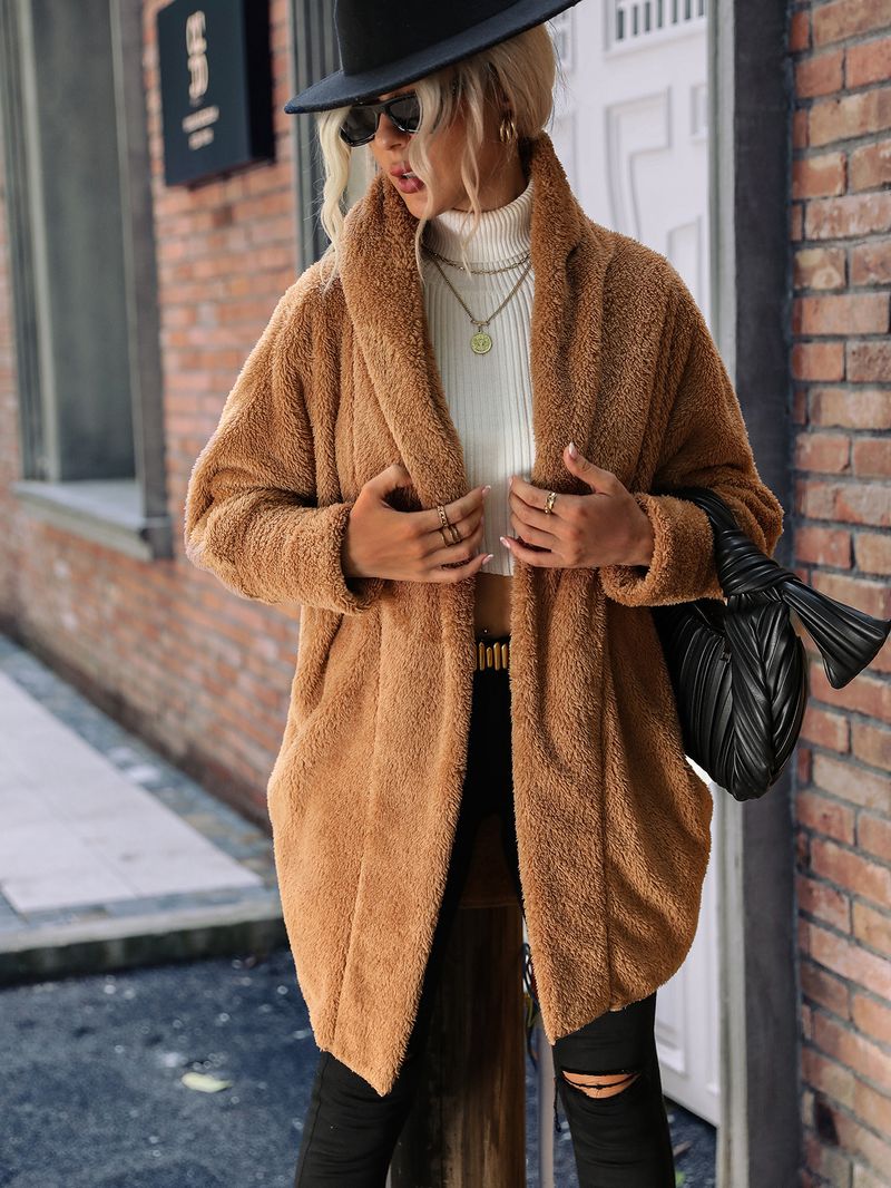 Autumn and winter women's new cardigan women's double-sided velvet casual long unbuttoned solid color loose lapel coat_voghion.com