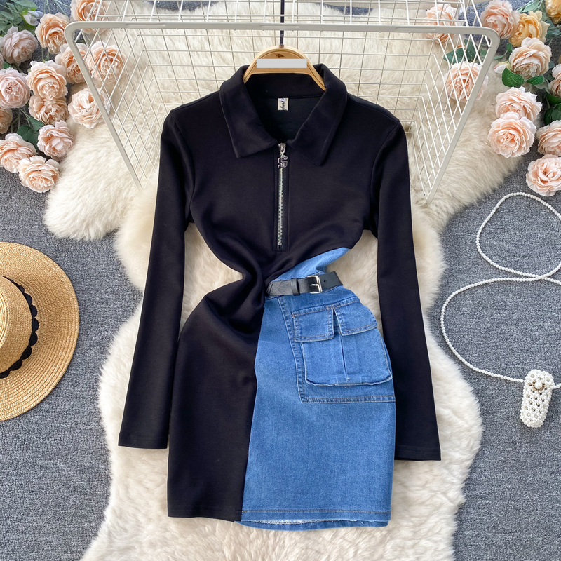 Clothing 2024 Spring Women's Design Color-contrast ing Niche Zipper Slim Short Denim Hip Skirt Dress Women_voghion.com
