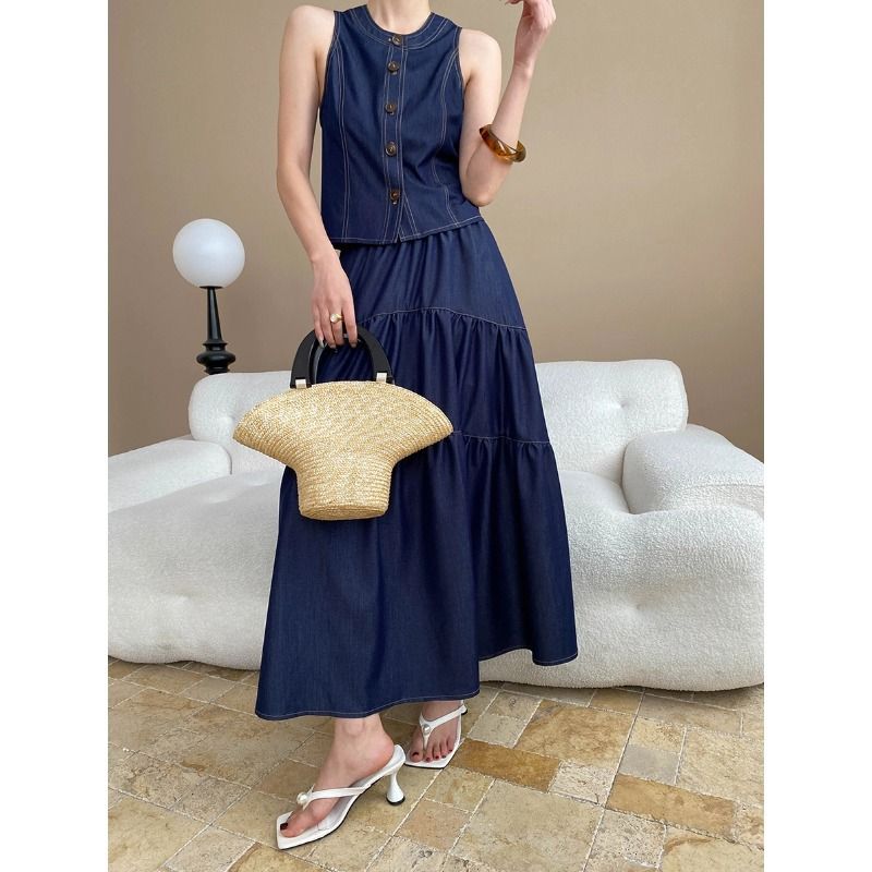 Sinan Lao Qian Commuting Bright Line External Seam Design Sense Sleeveless Cowboy Vest Half Skirt Set_voghion.com