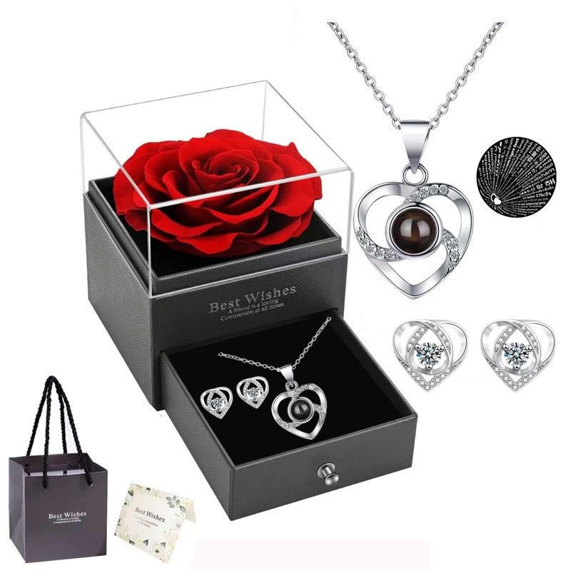 Conjunto de joias femininas da moda, presente de Natal, Ação de Graças, Dia dos Namorados, colar de projeção, brincos, caixa de presente de flores eternas_voghion.com
