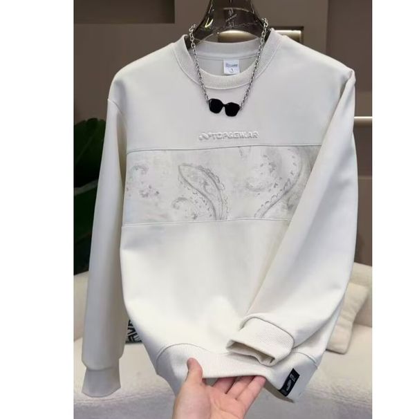 "Men's Casual Round Neck Sweatshirt – Oversized Graphic Print Patchwork Pullover"_voghion.com