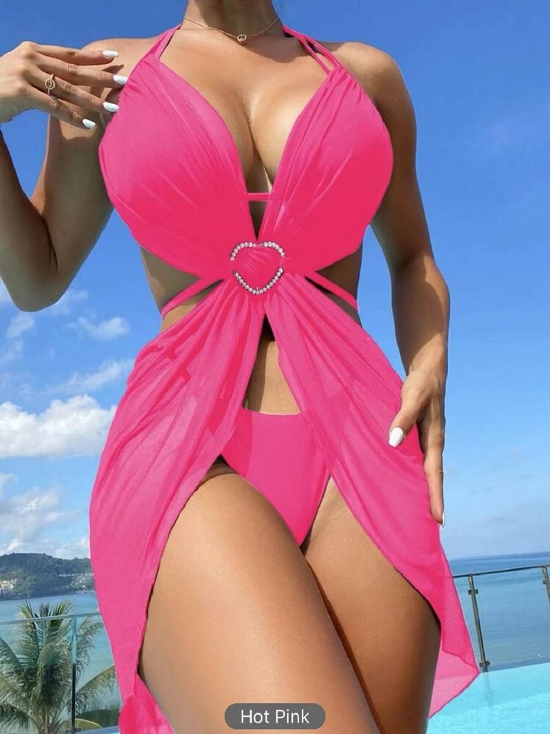 Bikini romántico sexy con falda de malla, conjunto de tres piezas, Bikini de moda de color sólido_voghion.com