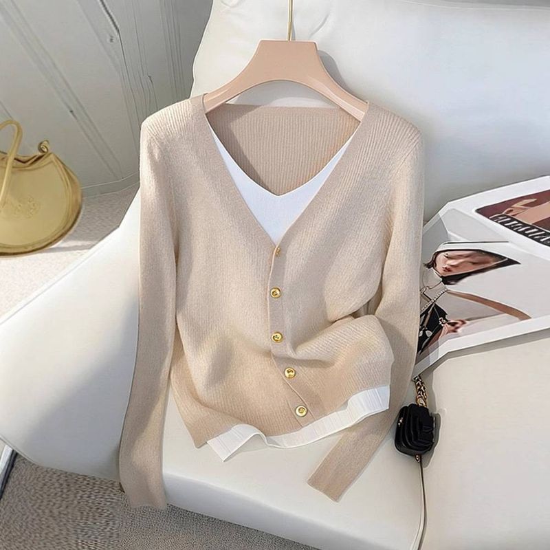 Women's Clothing two piece design contrast color long sleeved sweater women autumn and winter bottoming top knitted cardigan_voghion.com