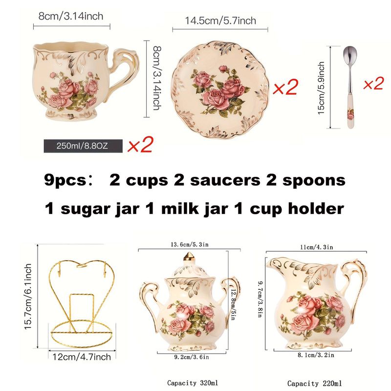 Teacher Thank You Gift Set 9pcs - European Floral Ceramic, Golden Trim Design, Graduation Tea Party Essential_voghion.com