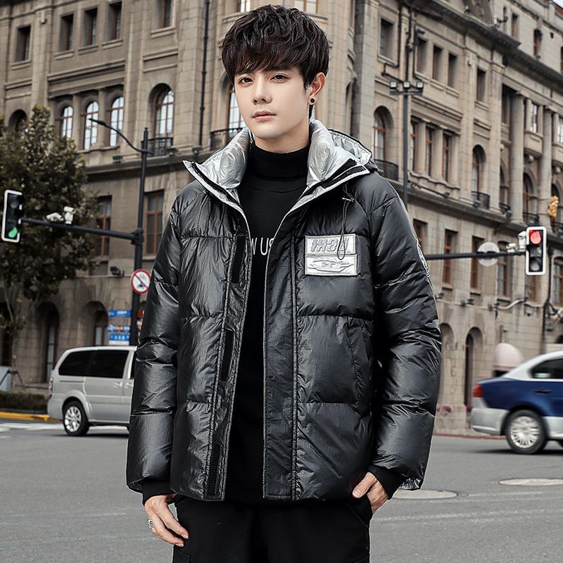 Dicke, warme Herren-Kurzdaunenjacke mit glänzendem Finish, modischer Kapuzenmantel, waschbar_voghion.com