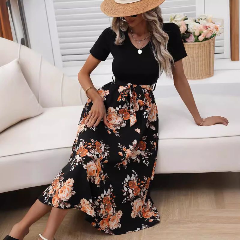 Robe d'été mi-longue sexy à col en V et imprimé pour femme_voghion.com