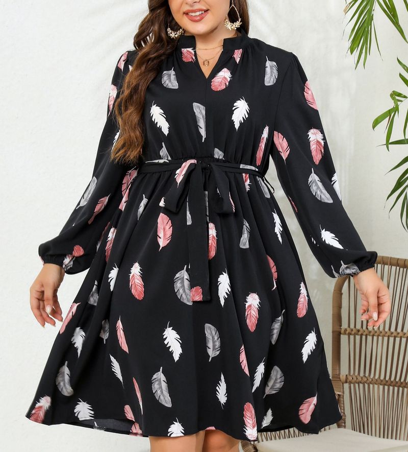 Abito avvolgente con scollo a V e stampa floreale per donna - Abito a trapezio con maniche lunghe in taglie forti, elegante abito midi in poliestere per l'autunno_voghion.com