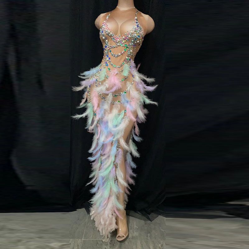 Dametøj Nyankommet sangerinde værtsmodel farverig fjer rhinestone elastisk hip lang nederdel aftenkjole scene voksen performance kostume_voghion.com