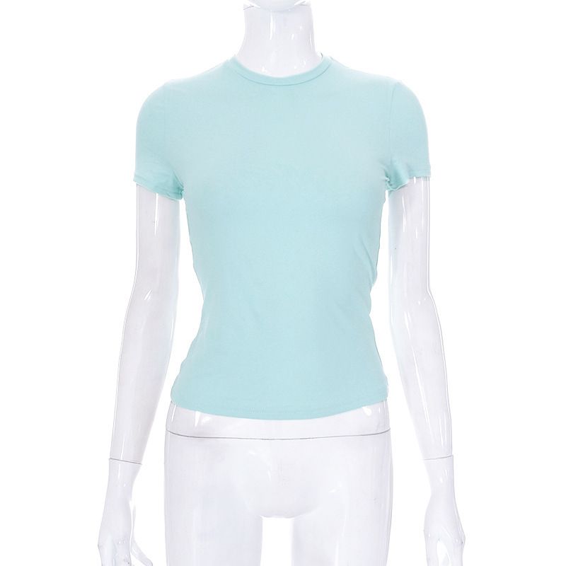 Europäische und amerikanische Damen Frühling neue heiße Verkauf einfarbig Rundhals Kurzarm Basic T-Shirt Top_voghion.com