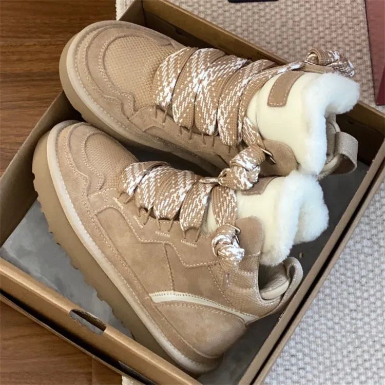 Soft Leather Version~Fur Integrated Snow Boots With Lace Up, Slip Resistant, Warm And Versatile Casual Cotton Shoes For_voghion.com