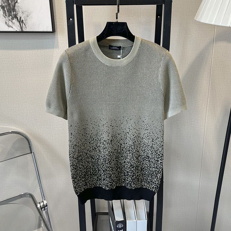 Herretøj Efterår og vinter gradient farve kortærmet sweater herre slank rund hals smuk herre halværmet skjorte sweater_voghion.com