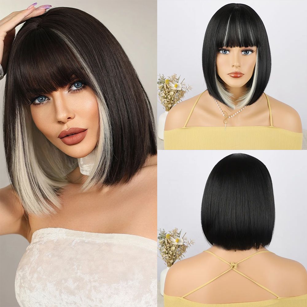 Κοντή περούκα Bob Glueless 12 ιντσών ίσια συνθετικές περούκες ώμου για γυναίκες με κτυπήματα_voghion.com