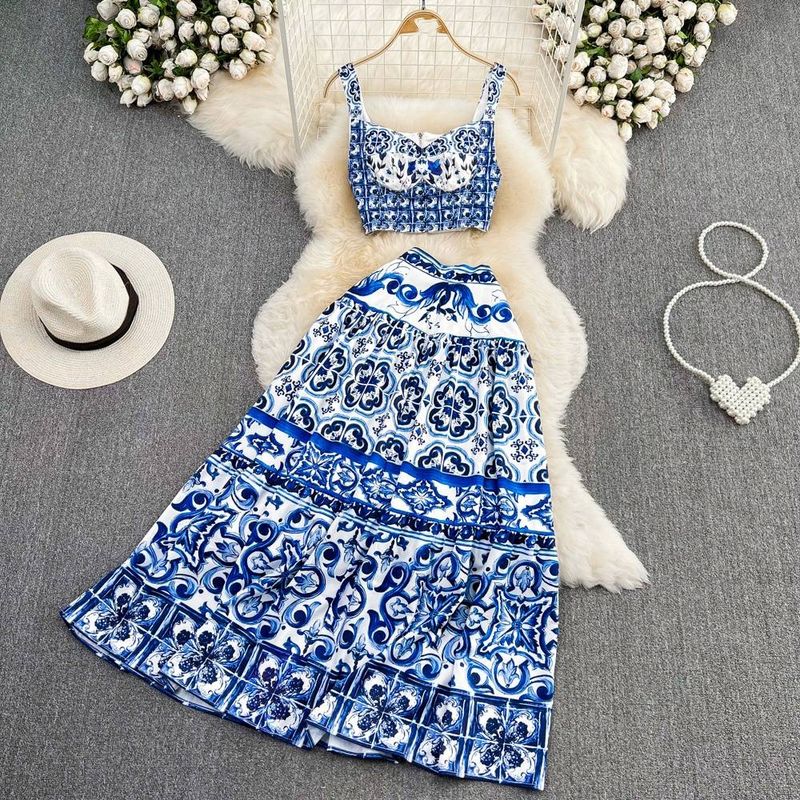 Damkläder Casual Celadon Print Camisole Tvådelat set Hög midja Smal A-linjeformad swingkjol Sommar_voghion.com