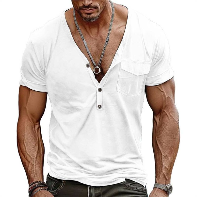 Lato 2025 Moda Styl europejski-amerykański Top Tee Męski dekolt w serek Czysty kolor Szybkoschnący Oddychający Luźny Dopasowany Krótki Rękaw T-shirt S-3XL_voghion.com