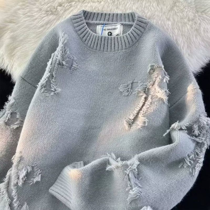 ​​men's Clothing Men's Distressed Knit Sweater – High Street Vintage Crewneck Pullover For Teens & Young Adults (retro American & Japanese Style)​​_voghion.com