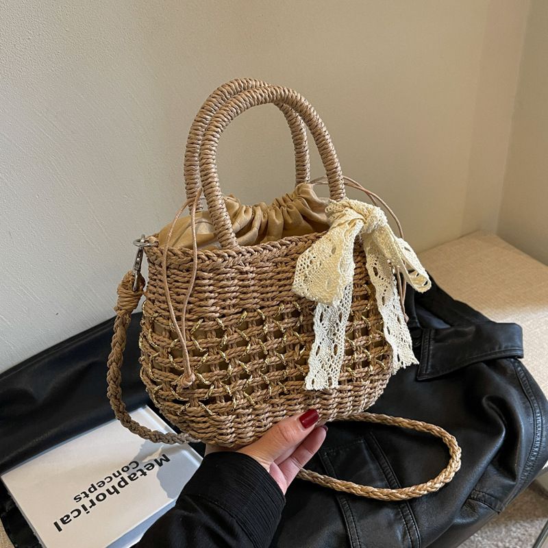 Straw Bag Woven Bag Mori Straw Bag Female Crossbody Beach Holiday Beach Bag Portable Bucket Bag_voghion.com