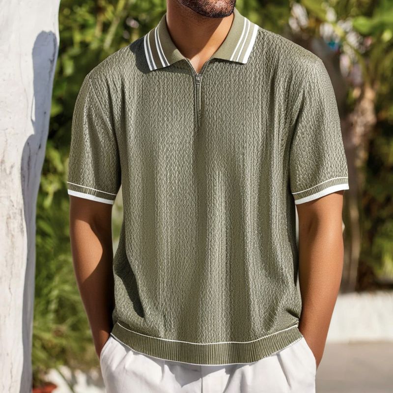 Herrenbekleidung Muscle Wear Jacquard-Strick-Poloshirt mit kurzen Ärmeln, farblich passendem Revers, High-End-Oberteile_voghion.com