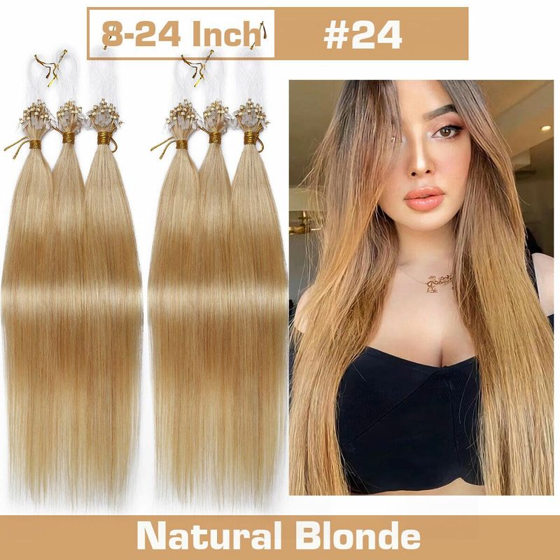 Extensión de cabello de bucle micro liso 100 % Remy, cabello humano de moda, microenlace, cabello humano natural para mujeres, 50 piezas/juego, n.° 24, rubio natural_voghion.com