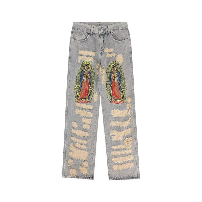 Herrenbekleidung Street Heavy Stickerei Patch zerrissene Jeans Herren High Street lose gerade Hose_voghion.com