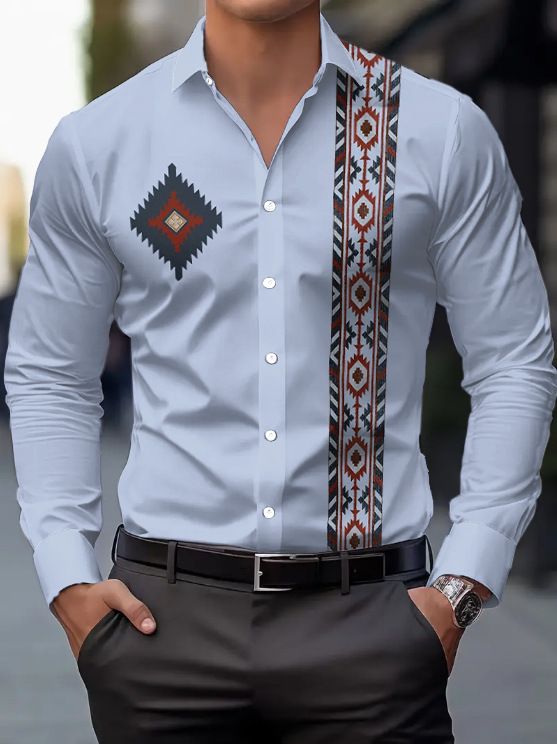 Camicia a maniche lunghe stampata da uomo - Camicia casual con bottoni e motivo etnico, in poliestere elasticizzato, lavabile in lavatrice, vestibilità regolare per primavera e autunno_voghion.com