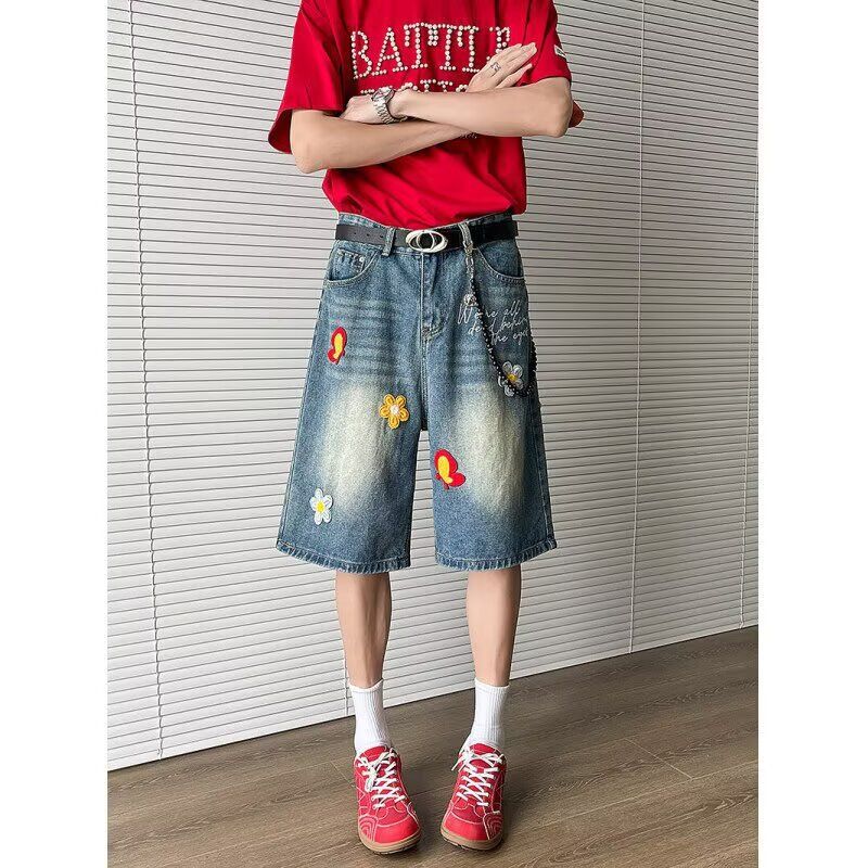 Men's Clothing Floral Embroidery Design Denim Shorts For Men SummerRetro Patch Shorts Trendy Straight Wide Leg Pants_voghion.com