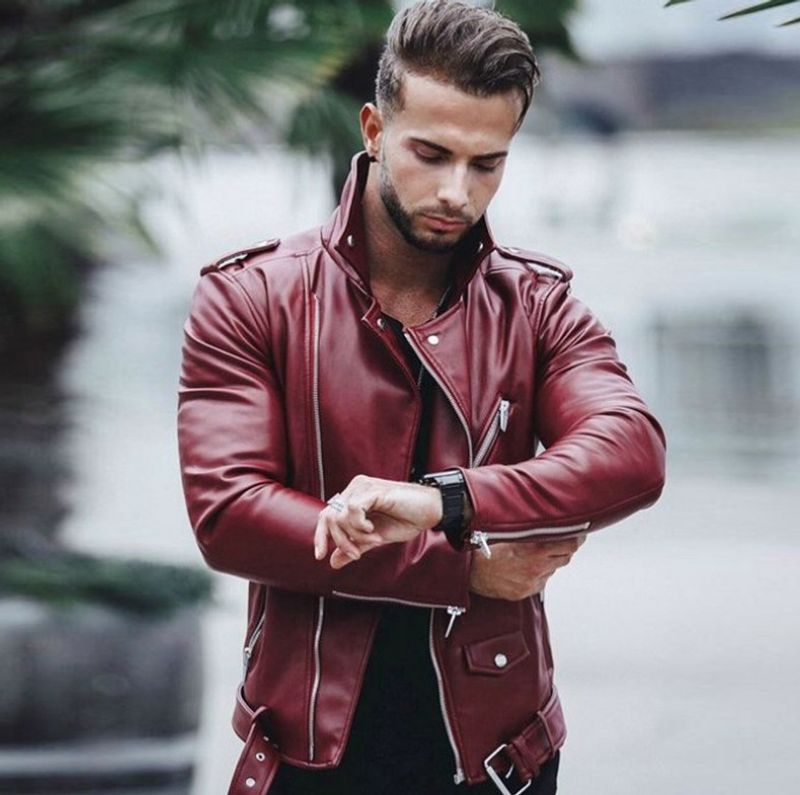 Miesten miesten nahkatakki Slim Stand -kaulus moottoripyörän nahkatakki_voghion.com