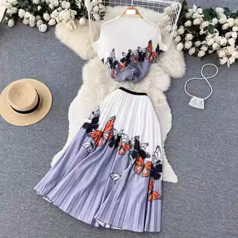 Women's Clothing Ethnic style two piece suit for women, summer style, ladylike print, short T shirt top, mid length skirt, trendy_voghion.com