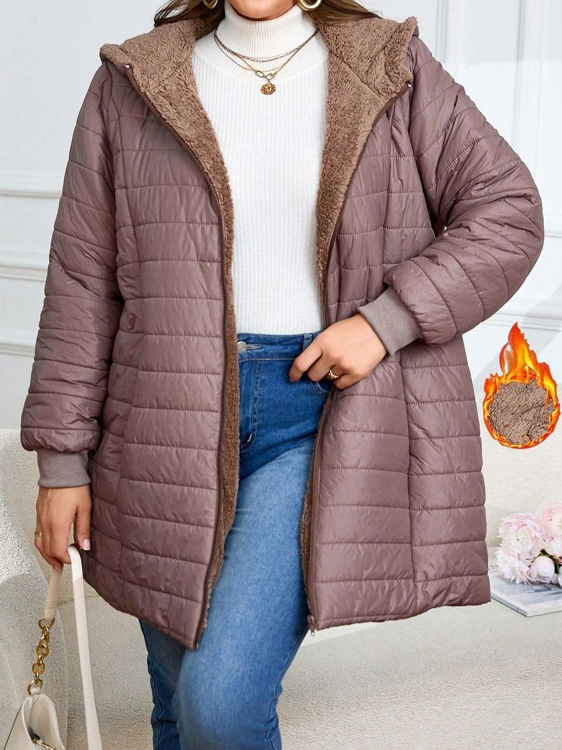 Longline Fleece-Lined Hooded Jacket For Women – Cozy Winter Coat With Zip Closure (L/XL/XXL/XXXL)​_voghion.com